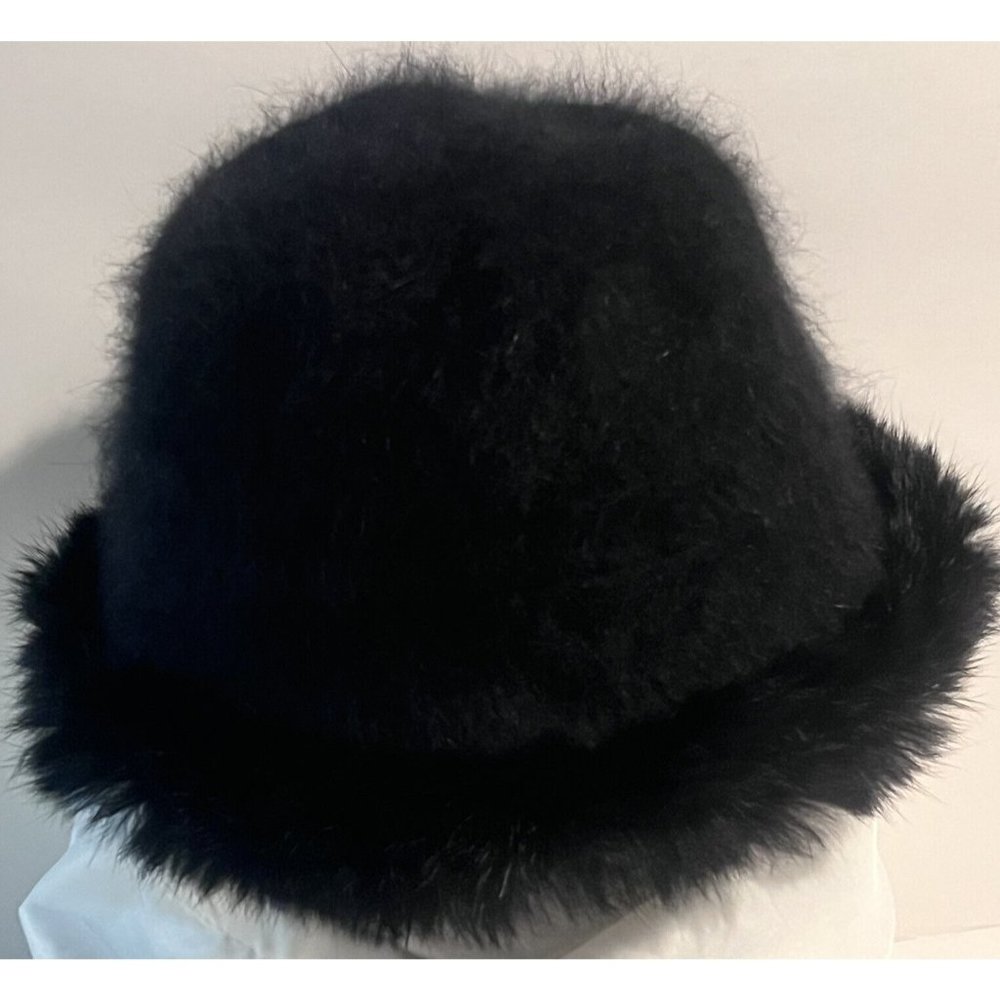 CC Cheveux Angora Fur Trim Bucket Hat Black Cloche Floppy Soft One Size VTG 90s